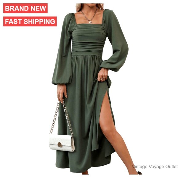 Square Neck Lantern Sleeve Ruched Midi Dress Polyester Party Wear